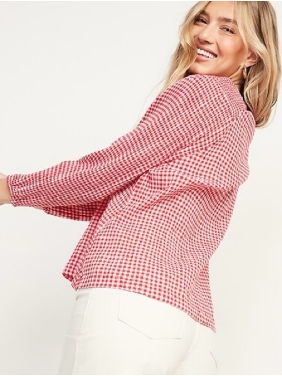 Old Navy Tops - Old Navy Gingham Smocked Shoulder Poet Blouse